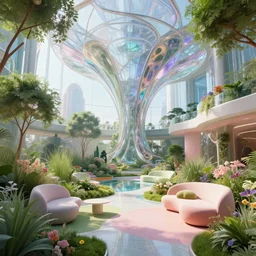 biophilic futuristic cyborg city garden natural beautiful light interior soft cinematic composition of a metallic glass nebula fluid surreal scifi colorful architecture landscape, minimalist, oasis, furniture, flowers, grass, water, trees, vincent callebaut composition, 8 k, unreal engine, hdr