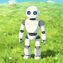 a robot in a field. cgsociety masterpiece, artstation trending, by rossdraws, ghibli, kimi no na wa, greg rutkowski, simon stalberg, greg manchess