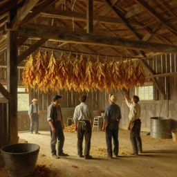 simple amish farmers hanging tobacco in their well lit clean open barn, art by anders zorn, wonderful masterpiece by greg rutkowski, beautiful cinematic light, american romanticism thomas lawrence, greg rutkowski
