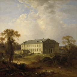a building in a landscape, by albert bierstadt
