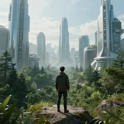 a man in the forest surrounded by futuristic city