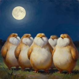 a row of obese bearded reedlings, oil painting, midnight, moonlight, full moon, highly detailed, hyper realistic
