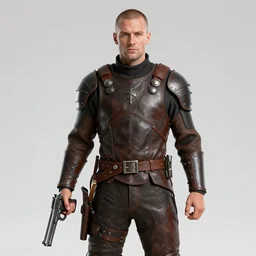 a man holding a pistol in each hand. leather armor, no helmet. standing in a sand dune. colorful, bright, fantasy, artgerm, dnd, fantasy, rpg