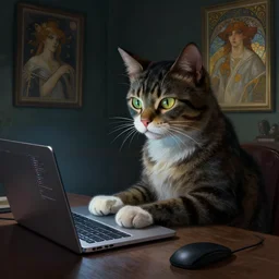 a cat character programming on a laptop, dark room, carnip on a table, highly detailed, digital painting, artstation, concept art, wallpaper, smooth, sharp focus, illustration, art by giger and artgerm and greg rutkowski and alphonse mucha