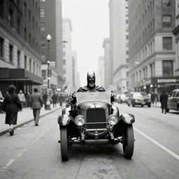 old black and white photo, 1 9 1 3, depicting batman's car from dark knight rampaging through the bustling streets of new york city, rule of thirds, three - point perspective, historical record