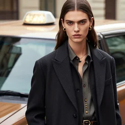 close up of a fashion model standing in front of a taxi, official versace editorial, highly detailed