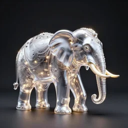 a wide shot of transparent silver handcrafted elephant, electric lights inside the elephant, jewelry lighting, studio lighting, dark background, photorealistic, octane render, unreal engine