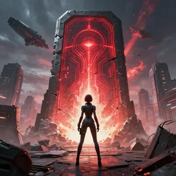 a girl wearing fitting suit standing front of a huge towering and broken stone tablet with red light + alien pattern + an abandoned spaceship, stands in the center of a prosperous city at the end of the world, and the power and energy is explode, secret, mysterious, doomsday, landscape, 2 4 mm lens, wide shot, video game control, quantum break, arknights,