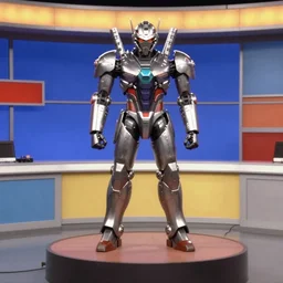 armored core v standing on the small stage in the tv studio. funny tv show in 9 0 s. color vhs footage.
