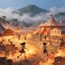young girls running through small carnival amusement on fire, inferno flames, motion blur, food stalls, big top circus tent, roaming entertainers, bloom, heavy fog, highly detailed, magical, japan mountains, digital painting, concept art, matte, art by ruan jia and wlop and greg rutkowski and makoto shinkai, masterpiece