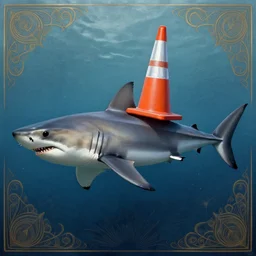 great white shark, side view, with a silver and orange striped traffic cone construction cone on its dorsal fin, ocean background detailed atmospheric - ron cheng & alphonse mucha, highly detailed, digital painting, ray tracing, concept art, illustration, smooth sharp focus, intricate, symmetry, artstation,