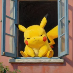 realist portrait of pikachu sleeping in the window of an italian villa. highly detailed, dramatic lighting, oil paint on canvas