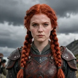 north female warrior, red hair, ginger hair, fantasy, high detailed, photography, cloudy, lightweight leather armour, Scandinavia, plain, detailed face, cute face, model, glowing skin, two large long braids, serious face professional photographer, masterpiece, 8k, 3D