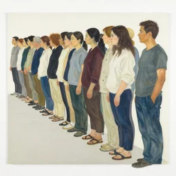 screen printing, gouache by toshio saeki, by asger jorn dynamic. a beautiful installation art of a group of people standing in a line. they are all facing the same direction & appear to be waiting for something.