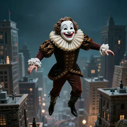 faceless man flies through an MC Escher city, wearing a comedy mask in elizabethan boots and ruff, dramatic theater lighting