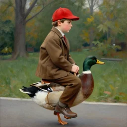 painting of holden caulfield wearing a red hunting hat riding a duck over central park