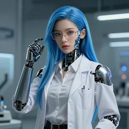 Hot young woman, mad scientist, wearing lab coat and a button down blouse, wearing glasses, long blue hair, cybernetic eye, robotic left arm, nanopunk, futuristic, hyperdetailed, digital art, artstation, concept art, 4k, 8k