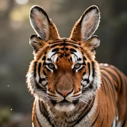 a tiger with bunny ears for a chin, photo realistic, hyper relativistic, volumetric lighting, high particle effects