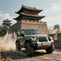 mahindra thar riding through the great chinese wall, an epic fantasy, dramatic lighting, cinematic, establishing shot, extremely high detail, photorealistic, cinematic lighting, artstation, by simon stalenhag, in the style of forza horizon 5, zaha hadid