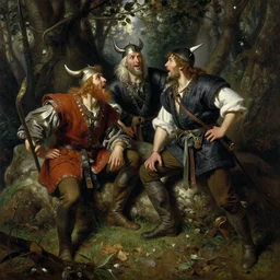 2 attractive male vikings frolicking in the forest. highly detailed painting by gaston bussiere, craig mullins, j. c. leyendecker, 8 k