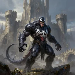venom fused with the lich king in front of a castle, natural digital painting by greg rutkowski