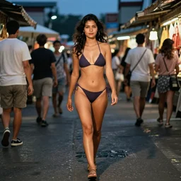 color outdoor photograph portrait of a woman in bikini walking on the market district, many people, night, summer, dramatic lighting, 1 9 9 0 photo from live magazine.