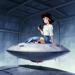 a film still of a 1 9 5 0's sci fi anime girl sitting on the roof of flying ufo landing in hangar of giant spaceship, sharp face focus, finely detailed features, full body mid shot, perfect art, trending on pixiv fanbox, painted by gaston bussiere, makoto shinkai, akihiko yoshida, gaston bussiere, craig mullins