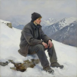 oil painting of sans sitting in a mountain during winter