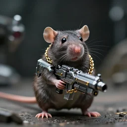 small rat with large sci - fi alien technology gun weapon, cinematic, portrait, fujifilm superia, shot on 7 0 mm, macro, wearing a golden chain, from the new sci - fi movie, 8 k, f 1. 8