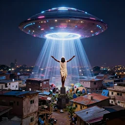 AJEGUNLE SLUMS of Lagos inside african JESUS CHRIST about AESTHETICS surrounding large UFO within NEON rays of light,