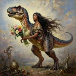 portrait oil painting, a beautiful young dark woman, a velociraptor, flowers, holding a bouquet of flowers, long flowing hair, ornate robe, ultra realistic, wide angle, intricate details, artifacts, luminous skies, highly detailed, michael cheval, peter mohrbacher, boris vallejo, jessica rossier, oil painting, highly detailed, cinematic lighting