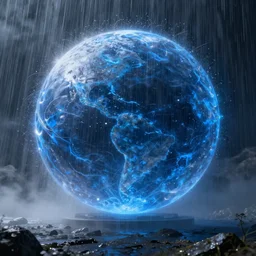 A large sphere of blue energy, mist, rain, by greg rutkowski