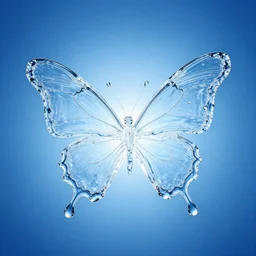 water droplets water transparent water water translucent water butterfly water outline water splash. studio lighting, blue radial gradient background 3 8 4 0 x 2 1 6 0