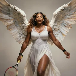 Portrait of Serena Williams with wings as Nike Goddess, large wings, luxuriant, dreamy, eternity, romantic, strong pose, highly detailed, in the style of Franz Xaver Winterhalter, highly detailed, in the style of Aetherpunk