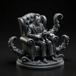 isometric view black resin miniature - howard phillips lovecraft dressed suit petting cat on his lap, sit in tall leather armchair, big tentacle with suction cups moves around, black background, octane render, backlight, macroshot, grayscale by greg rutkowski, highly detailed intricate matte sharp focus digital painting artstation pixiv