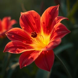 hyper realistic flower in the garden with fire texture on the petals, close up, illustrated by greg rutkowski, beautiful volumetric lighting, intricate, ultra detailed, photorealistic, trending on artstation, octane render, 8 k