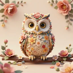 ground - level wide - angle shot of a very cute and highly floral ornamented owl chick sitting on a beech branch, fine floral ornaments woven between the feathers of the owl, fine ornamental floral background, by esao andrews, by m. w. kaluta, by yoshita amano, flowerpunk, volumetric light, rich colors, very humorous!!!, smooth, 3 d octane render, depth perception, 4 k,, artstation