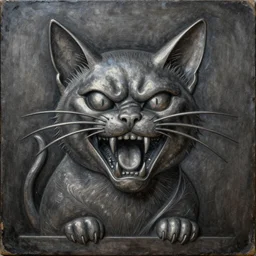 metal carving of a grinning evil cat, award winning, in style of beksinski, giger, film grain, medium format, 8k resolution, oil on canvas