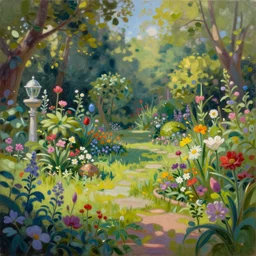 a gorgeous, fantastic, magic garden landscape by michael kidd, trending on artstation, oil on canvas