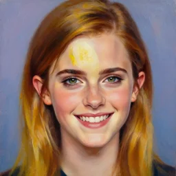 portrait, emma watson face, smiling, banana face, realism, oil painting, character, vibrant colors, photo emma watson