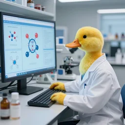 a duck scientist in a lab looking at chemistry molecule diagrams on a screen, duck scientist wear a labcoat, duck sits at a table, scientist is a duck, not human super resolution, 8k