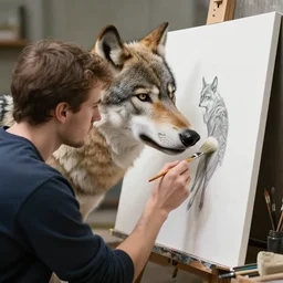 wolf like a human, holding brush, artwork by Antón Semenov,