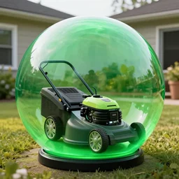 a lawn mower inside a green neon glass sphere in a backyard of a house