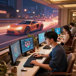 a man and woman are working on their computers in a luxury hotel, 3 d rendering, pop art, night life, vector art, race, depth of field, cars behind speed, lights, lens flare, deep focus, d & d, fantasy, intricate, elegant, highly detailed, digital painting, artstation, concept art, matte, sharp focus, illustration, hearthstone, art by