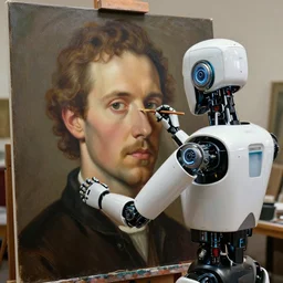 robot artist painting a self - portrait on a canvas. intricate, highly detailed, photorealistic, film still, by carl spitzweg.
