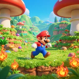 Mario Running through a mushroom kingdom Valley, Beautiful Landscape full of exotic flora, fire flowers in the foreground, realistic, Ultra High Detail, Cinematic lighting