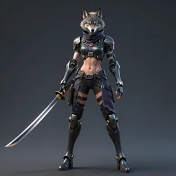 a full body character portrait of female anthropomorphic humanoid wolf ninja android posing with a oversized katana in the style of cyberpunk in the style of syd mead trending on artstation deviantart pinterest detailed realistic hd 8 k high resolution