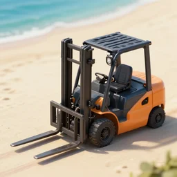 forklift on the beach, cinema style, sharp forcus, depth of field, 4 k, photo lense, isometric view
