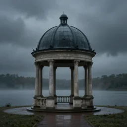 neoclassical gazebo with dome  in the middle lake, ominous Sky, gloomy atmosphere, cinematic, mist, High definition, 8k, ultra detailed