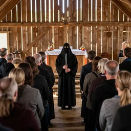 photo of a queue of many cultists in a barn in front of a sacrificial altar with the head cultist hilding a ceremony knife in the center